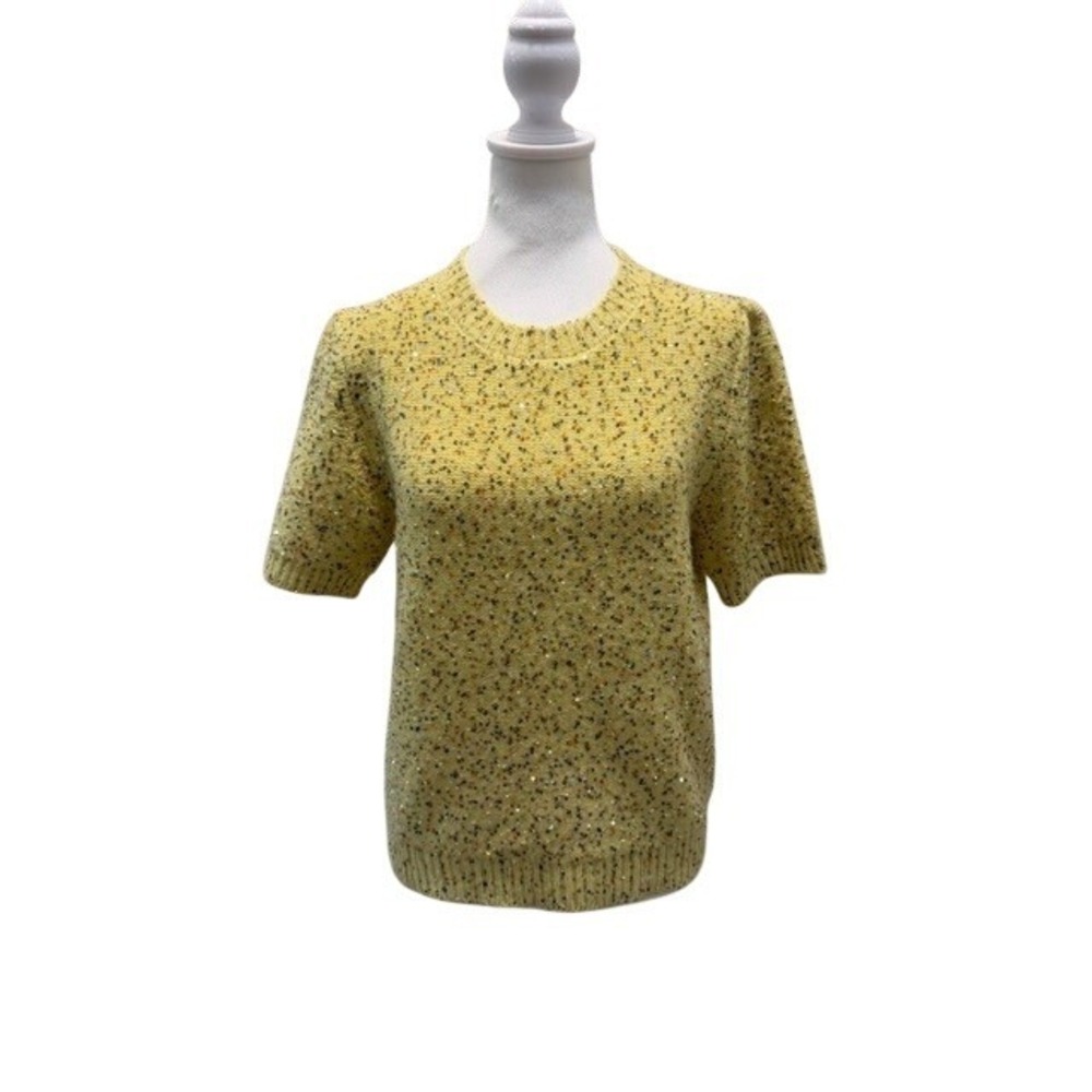 Zara Womens Sequin Knit Sweater Yellow Short Sleeve Crew Neck Size M EUC - Picture 1 of 8
